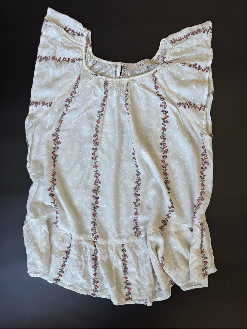LOFT White Flutter-Sleeve Top with Pink Floral Stripes
